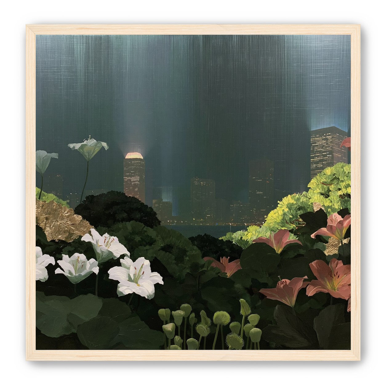 Lilies against the lit skyline