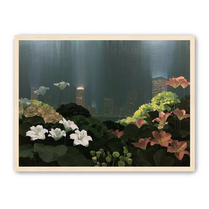 Lilies against the lit skyline