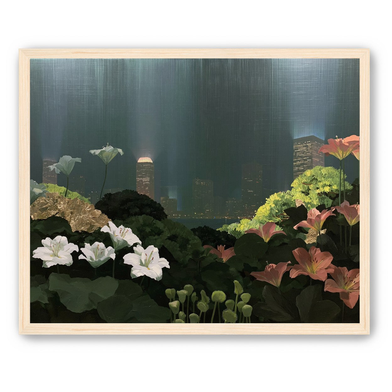 Lilies against the lit skyline