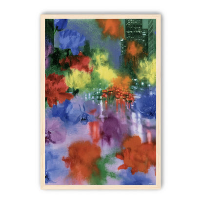 Neon traffic under painted blooms