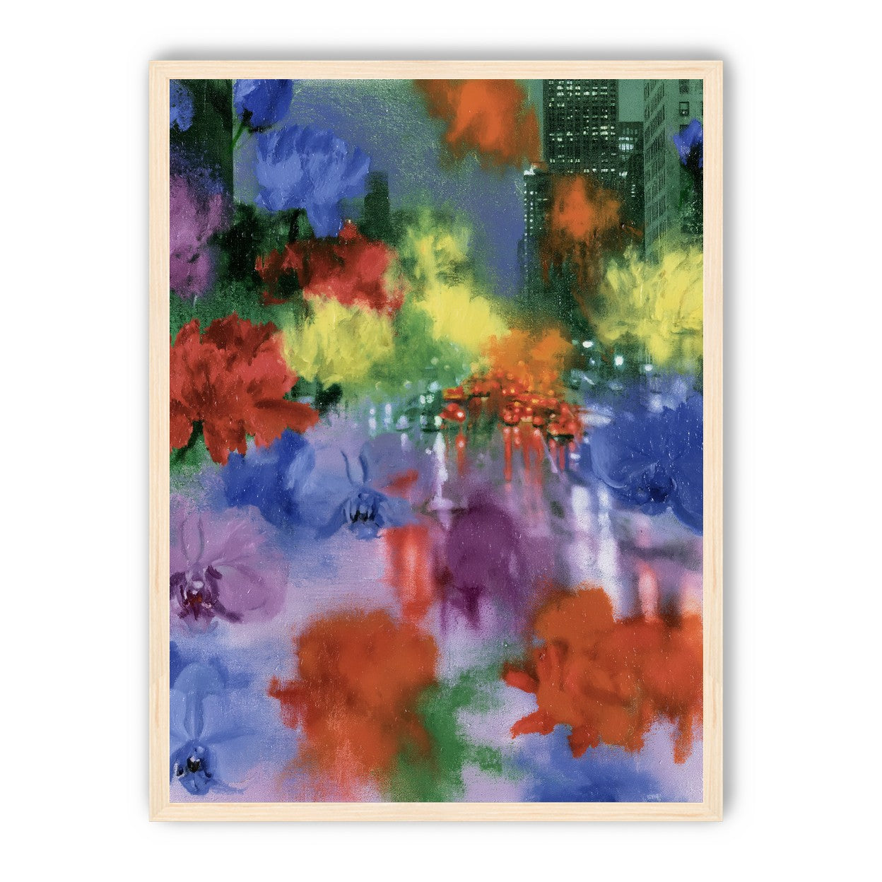Neon traffic under painted blooms
