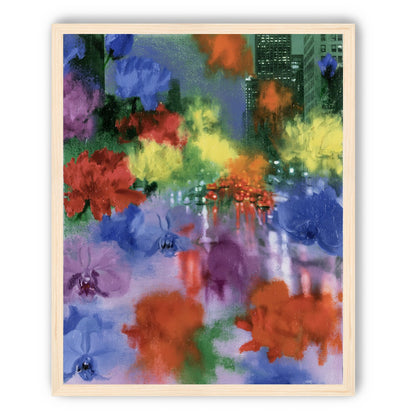 Neon traffic under painted blooms