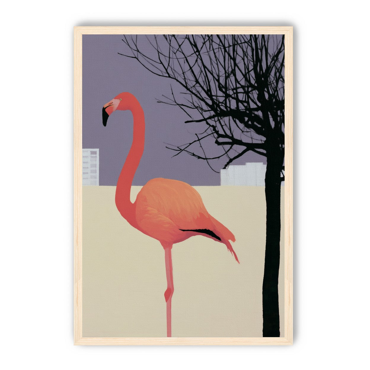 A flamingo beside the bare tree