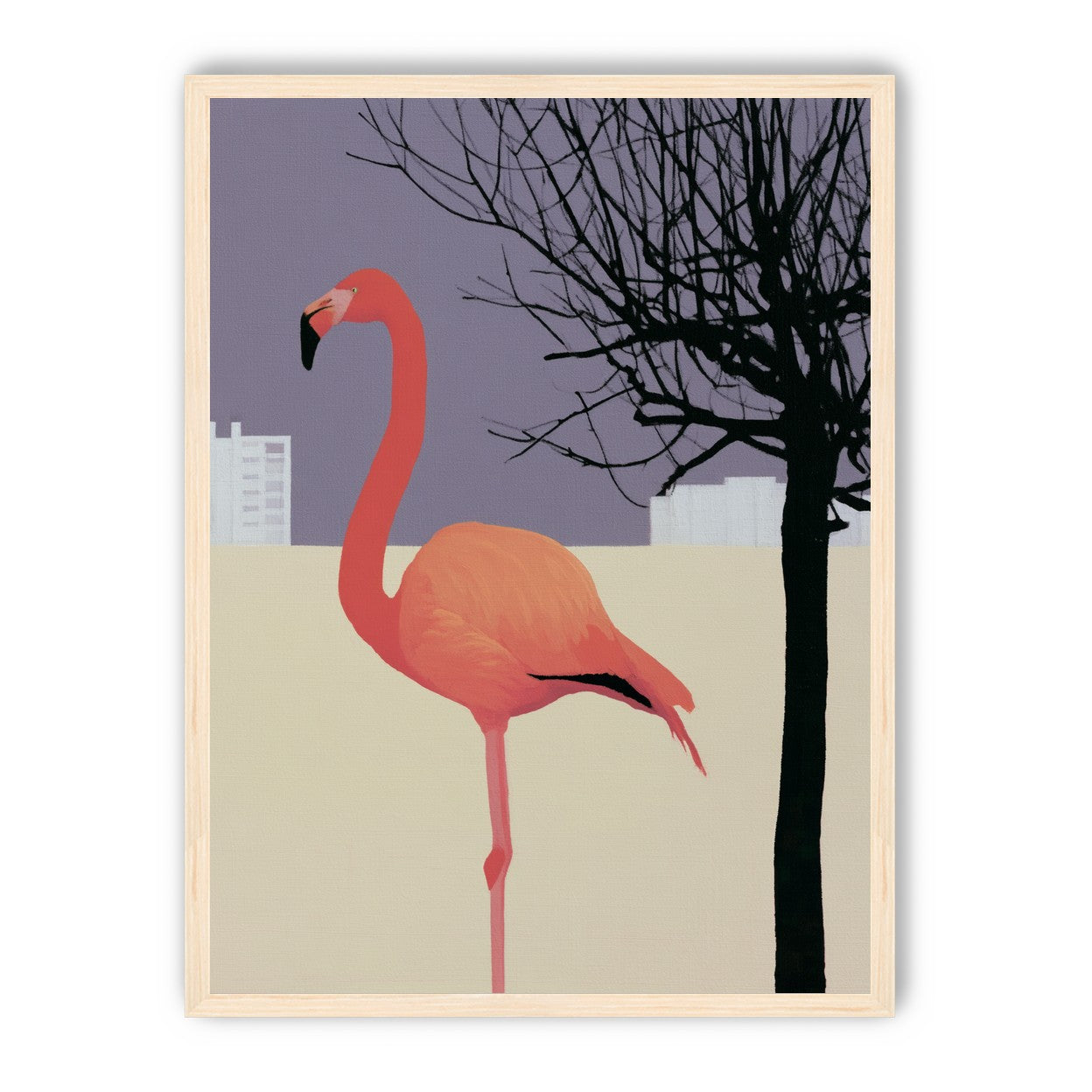 A flamingo beside the bare tree