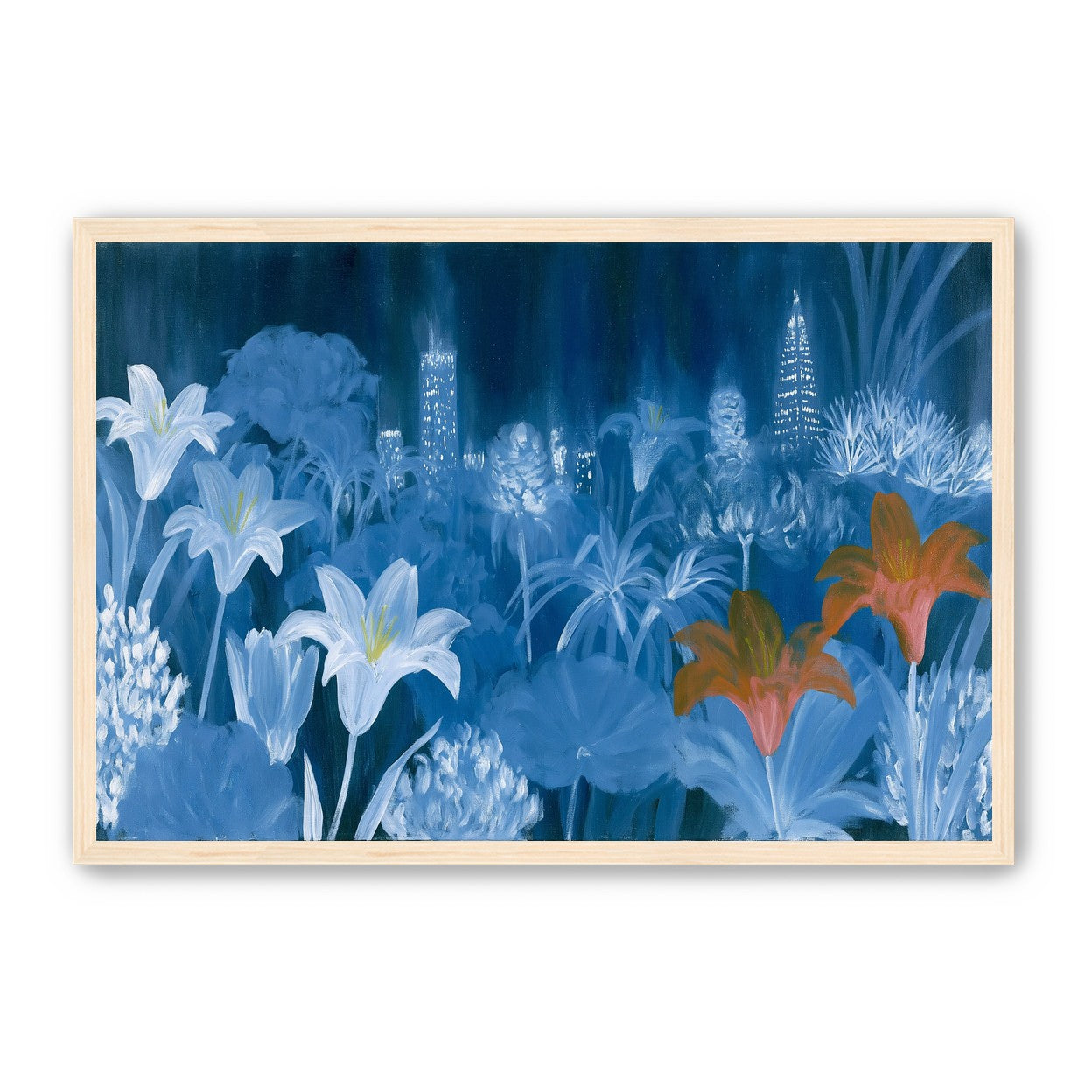 City lights behind lilies