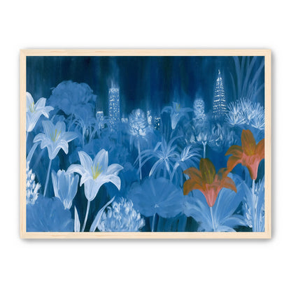 City lights behind lilies