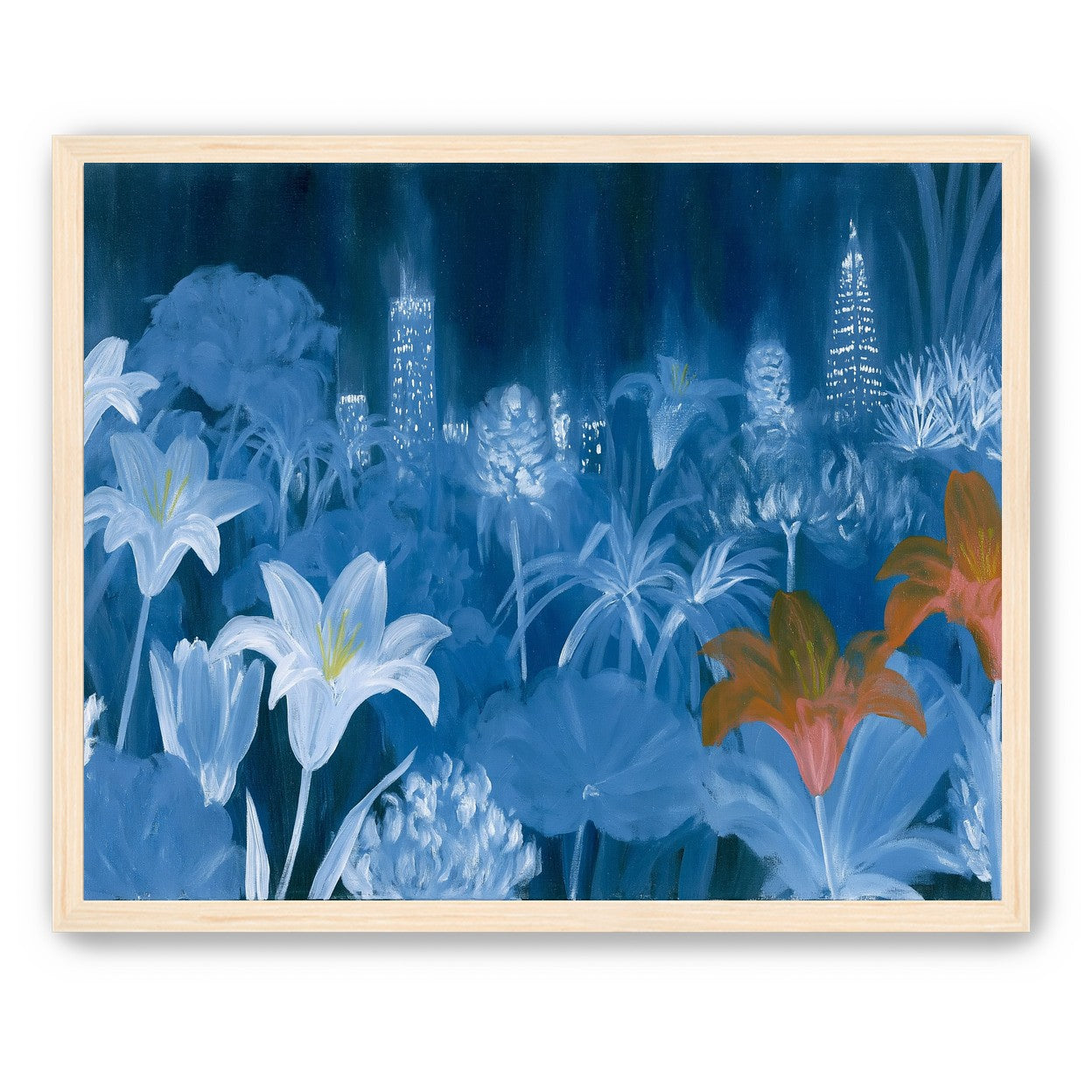 City lights behind lilies