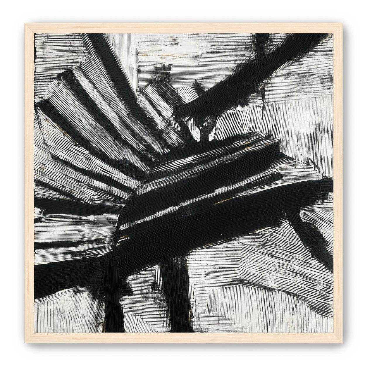Non-Representational: Thick black brushstrokes cross and stack over a white surface filled with fine scratched lines.