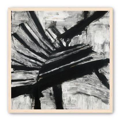 Non-Representational: Thick black brushstrokes cross and stack over a white surface filled with fine scratched lines.