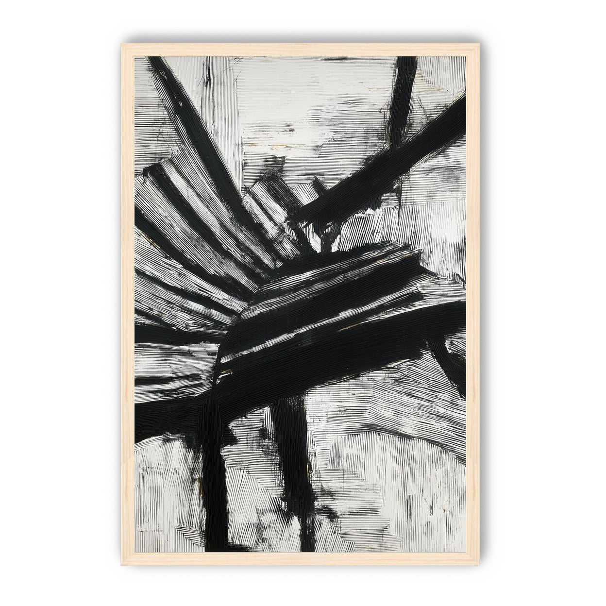Non-Representational: Thick black brushstrokes cross and stack over a white surface filled with fine scratched lines.