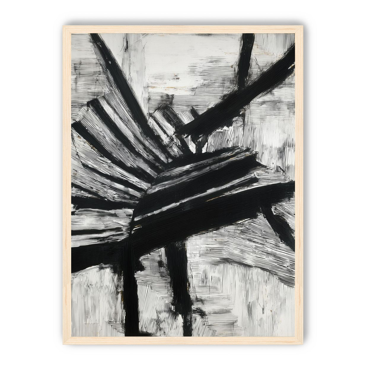 Non-Representational: Thick black brushstrokes cross and stack over a white surface filled with fine scratched lines.
