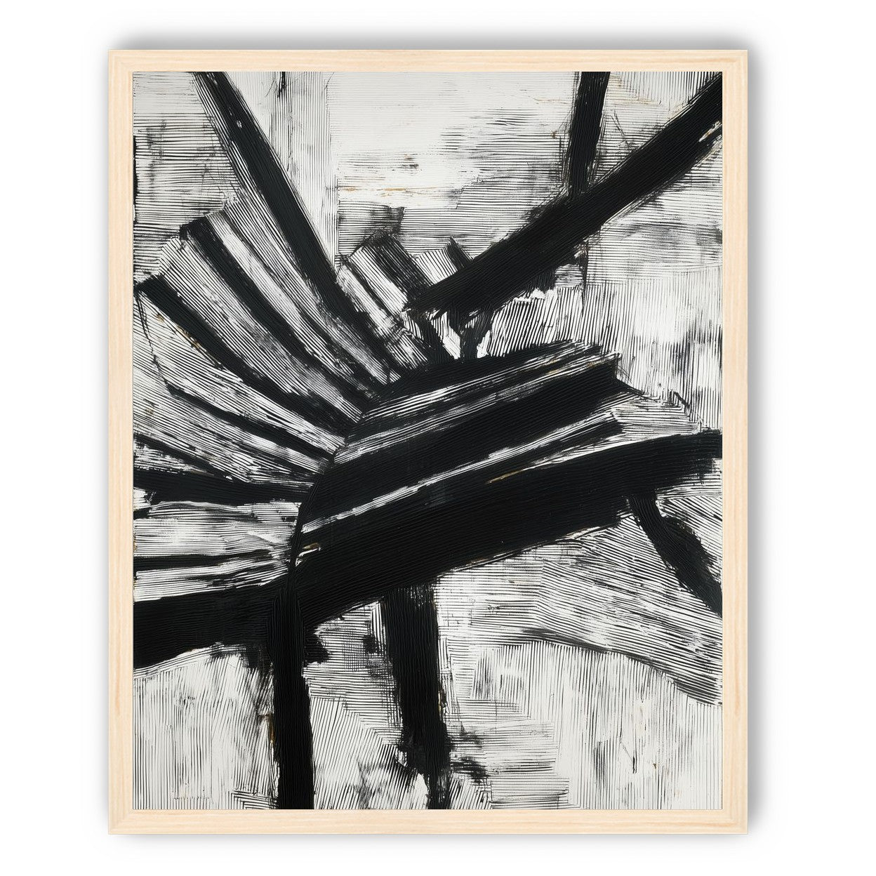 Non-Representational: Thick black brushstrokes cross and stack over a white surface filled with fine scratched lines.