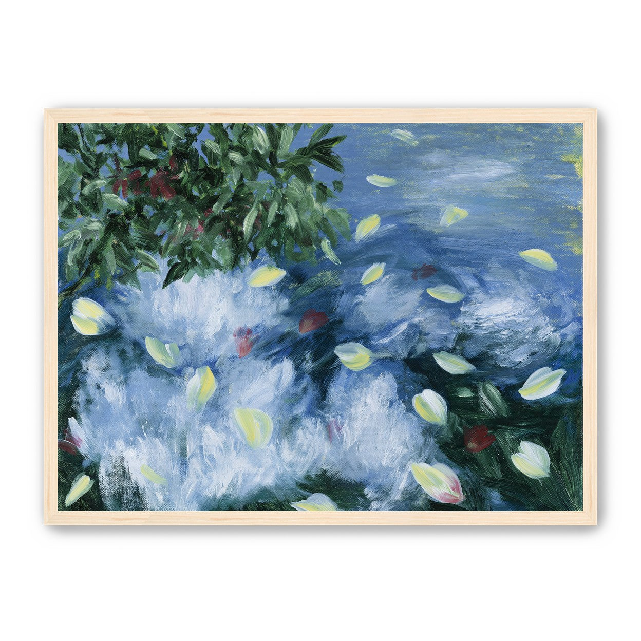 Petals across the blue water