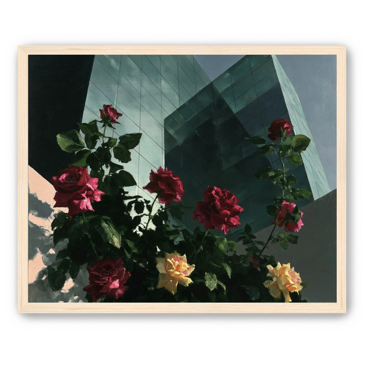 Roses against glass towers