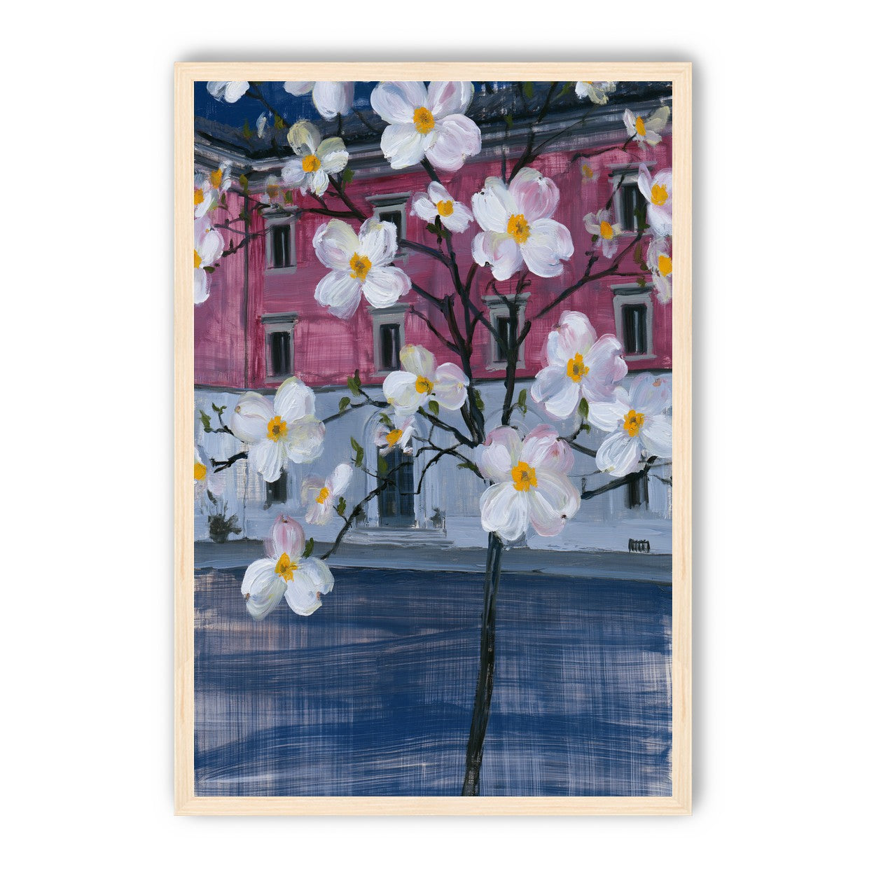 White blossoms over the pink house