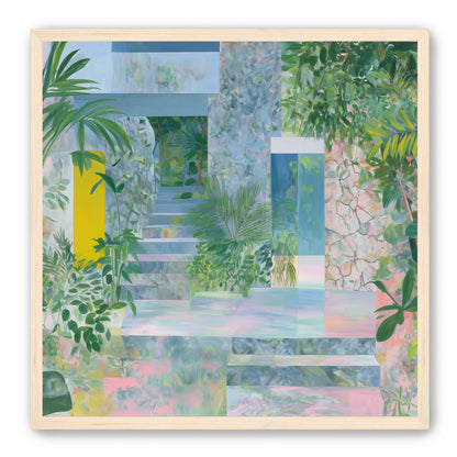 Pastel stairs between yellow and blue doors