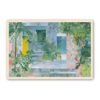 Pastel stairs between yellow and blue doors