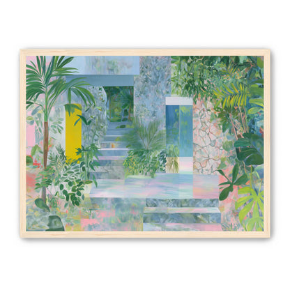 Pastel stairs between yellow and blue doors