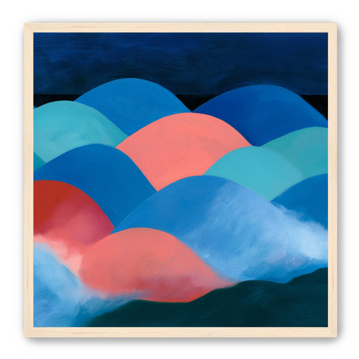 Pink moon among blue hills