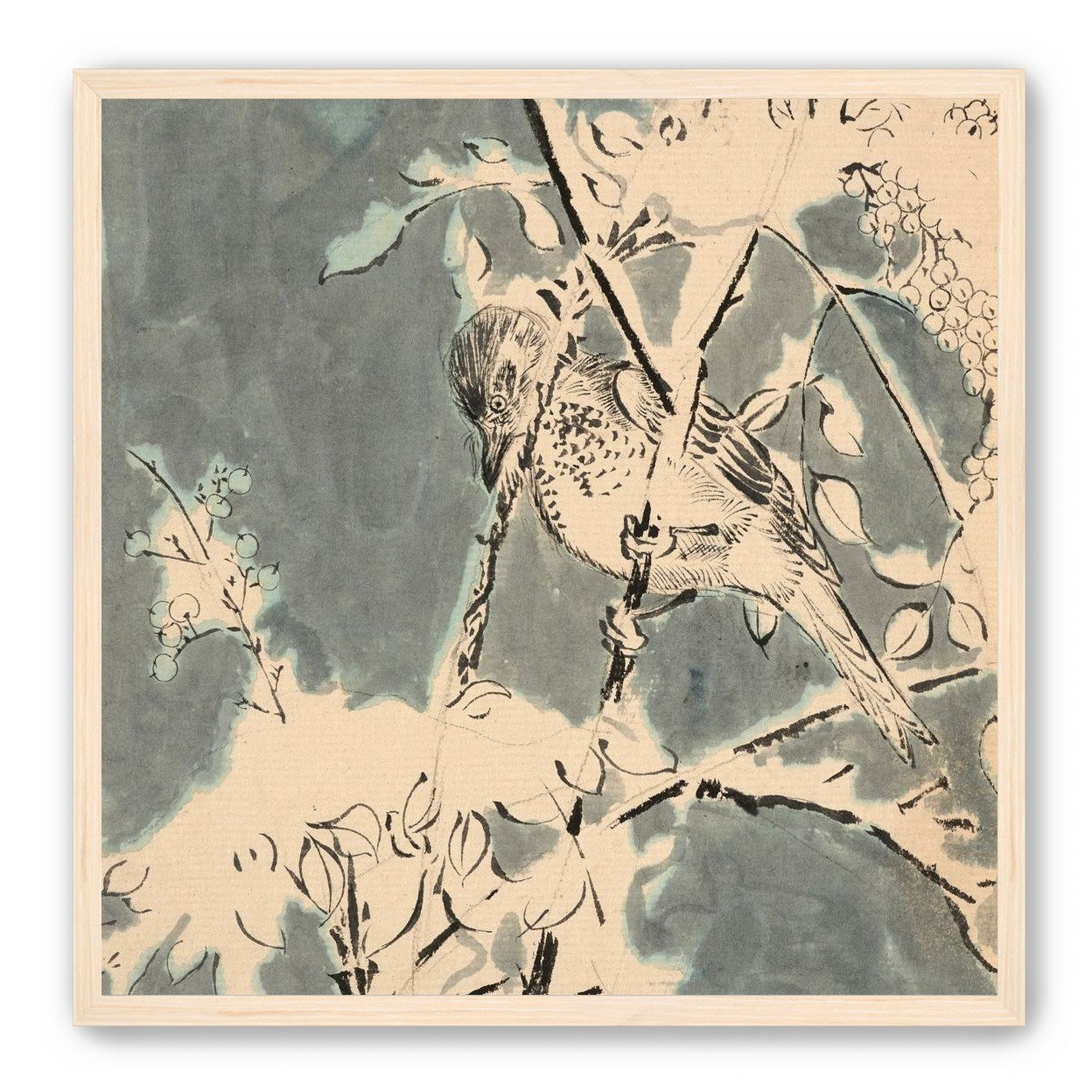 Quiet bird in berry branches