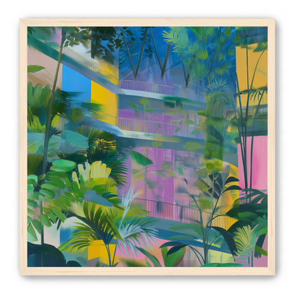 Blue roof over pink atrium