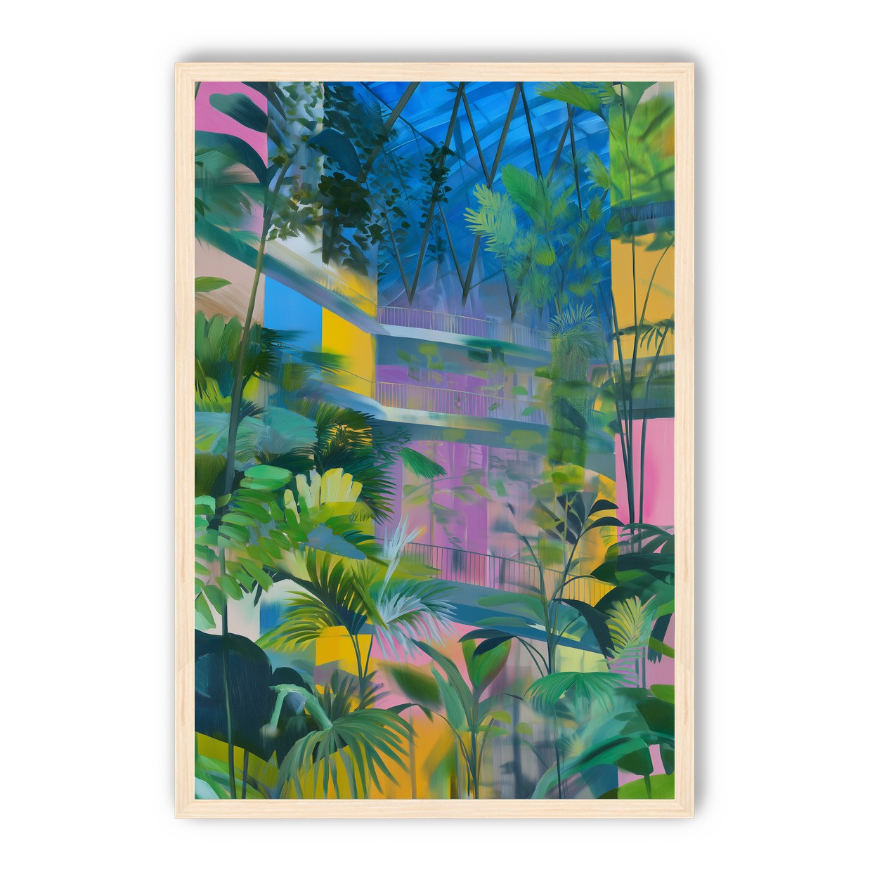 Blue roof over pink atrium