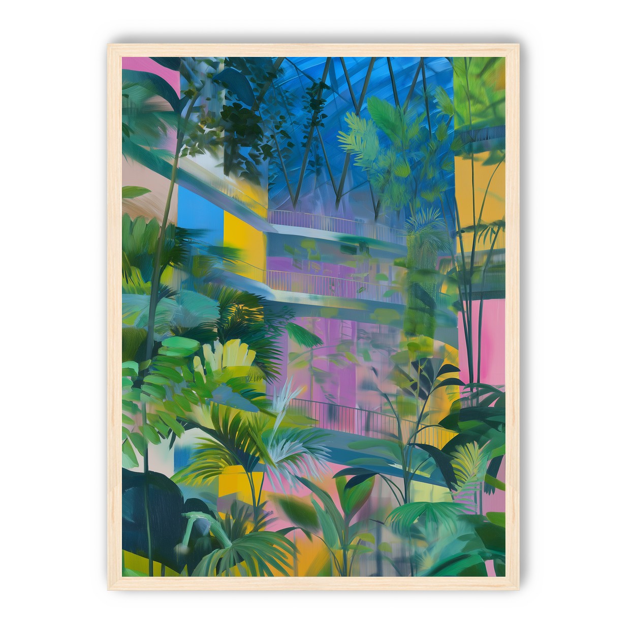 Blue roof over pink atrium