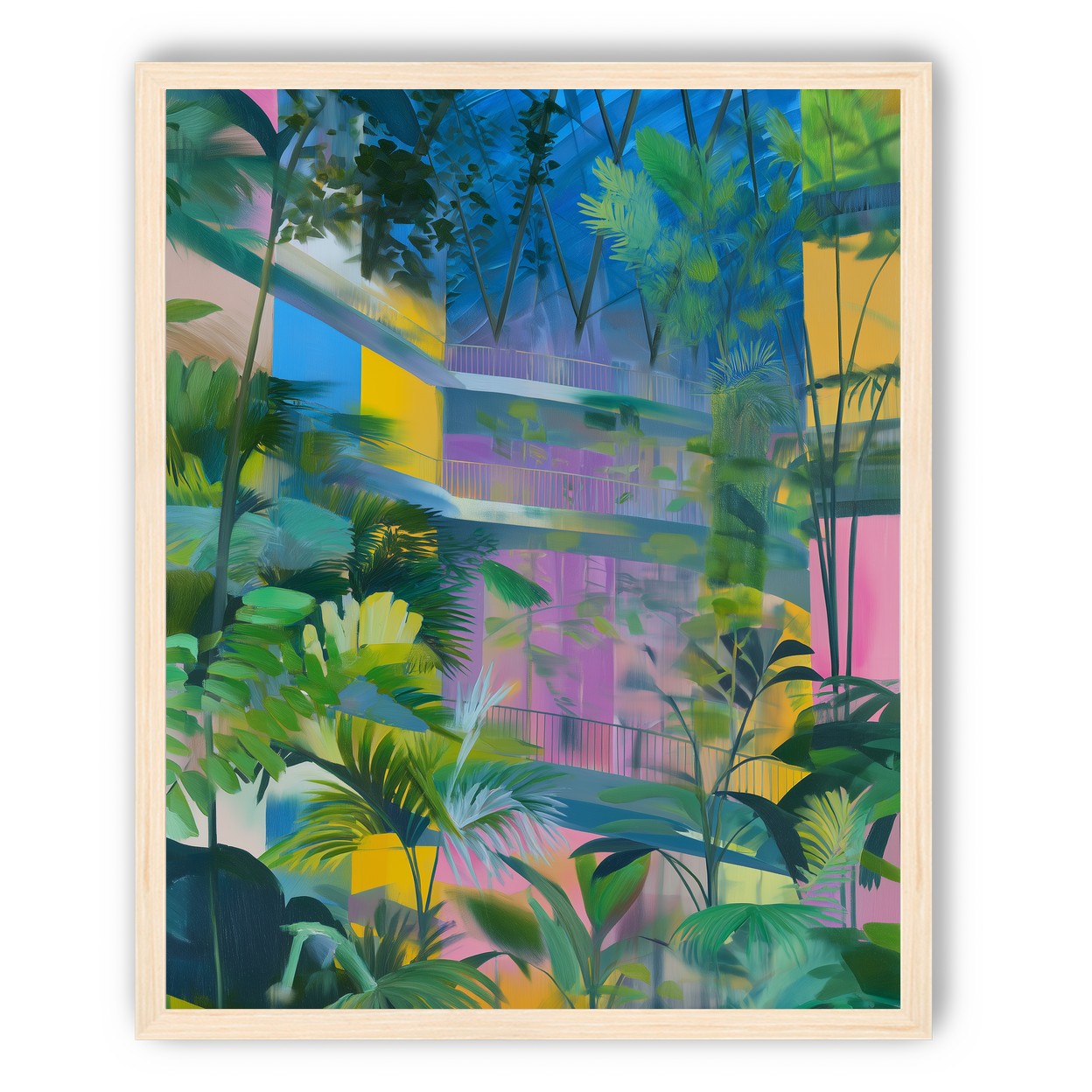 Blue roof over pink atrium