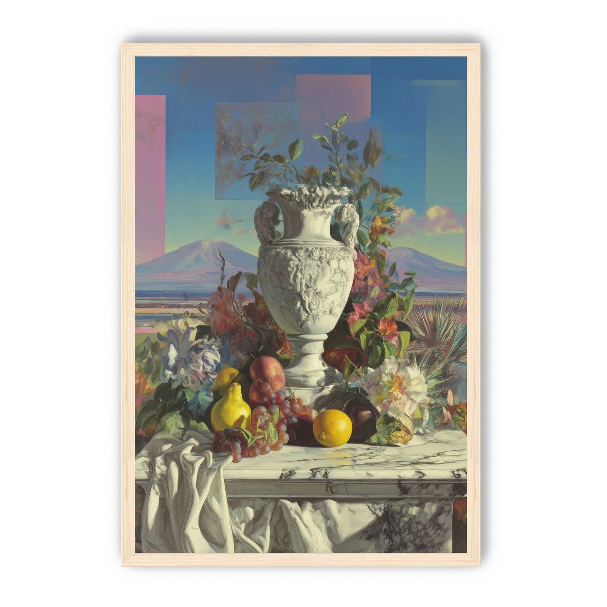 Urn and fruit before mountains