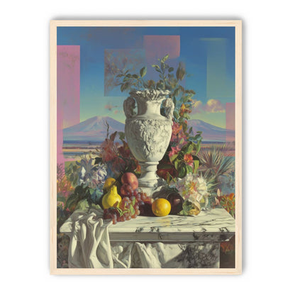 Urn and fruit before mountains