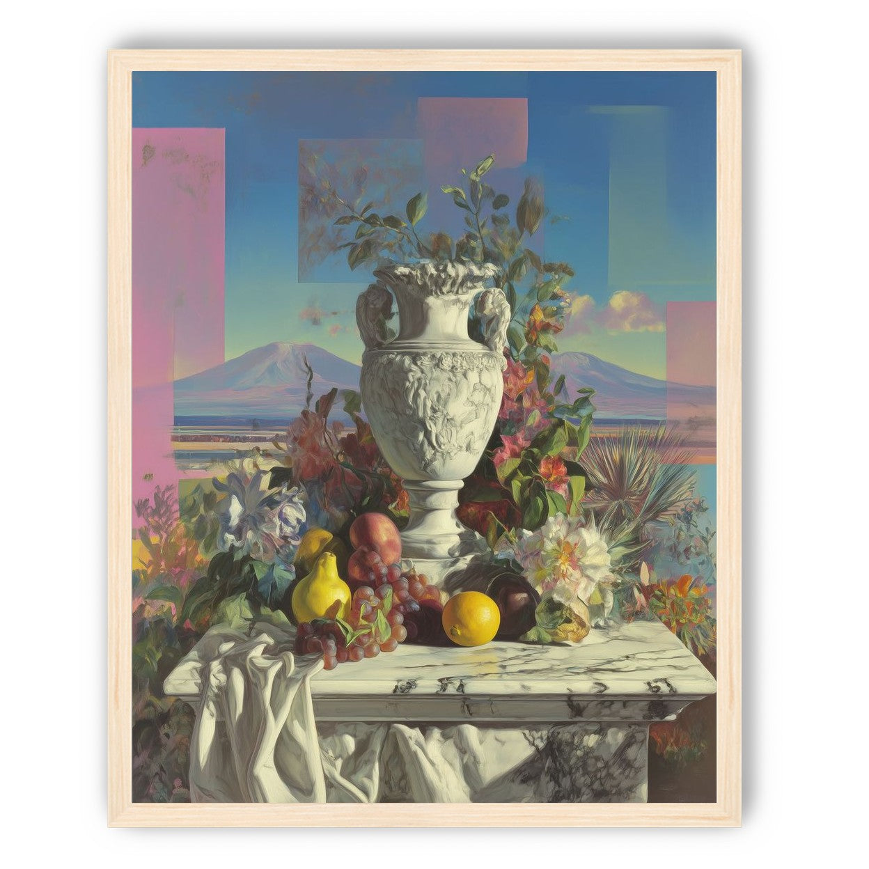 Urn and fruit before mountains