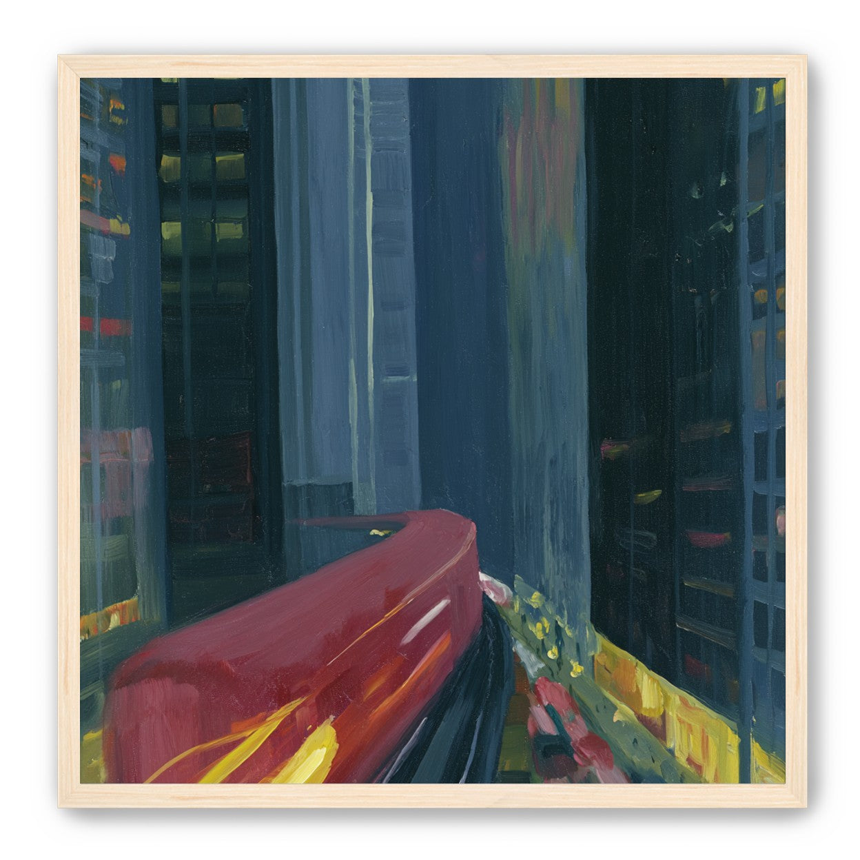Red train in blue towers