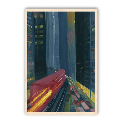 Red train in blue towers