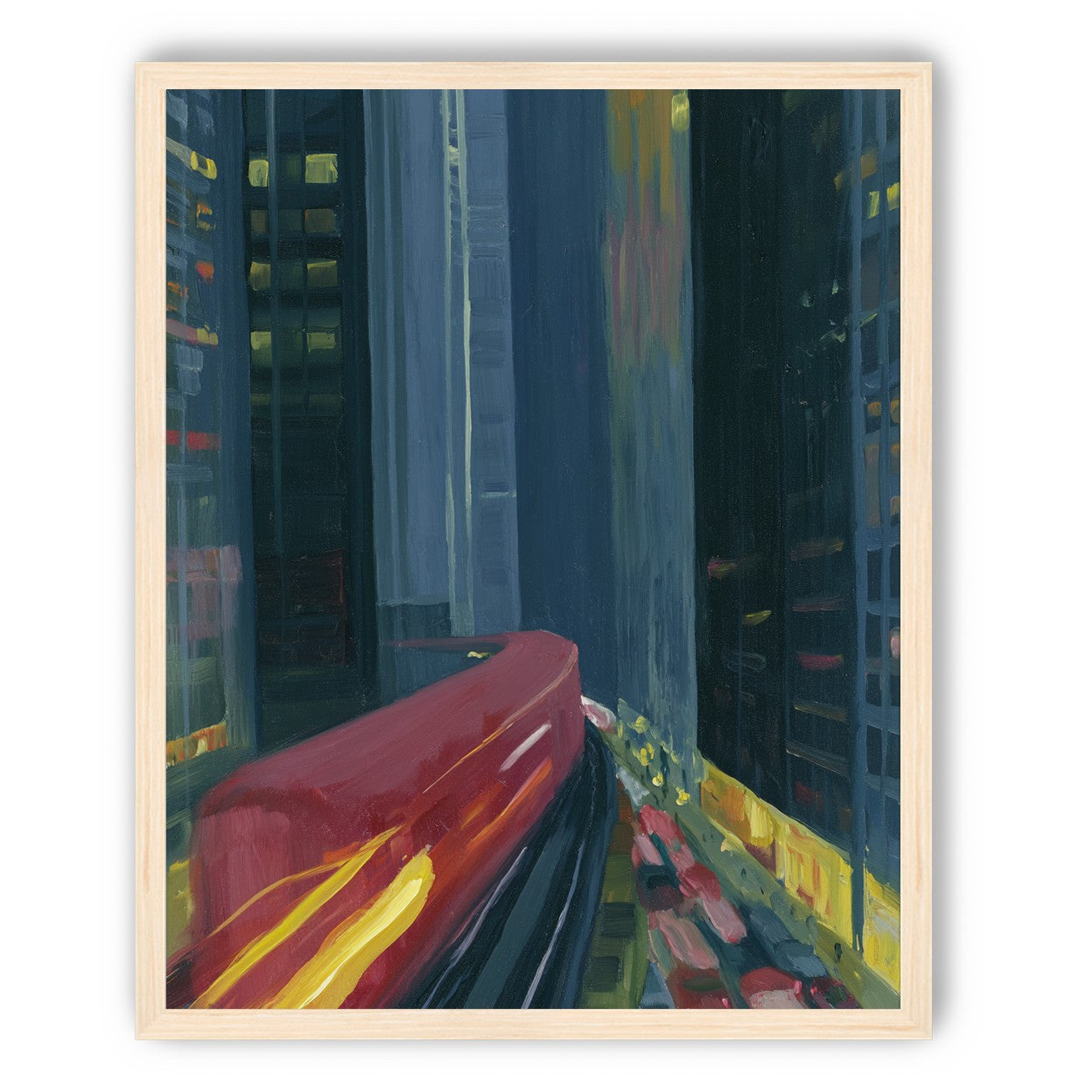 Red train in blue towers
