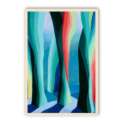 Between red trunks and blue shadows