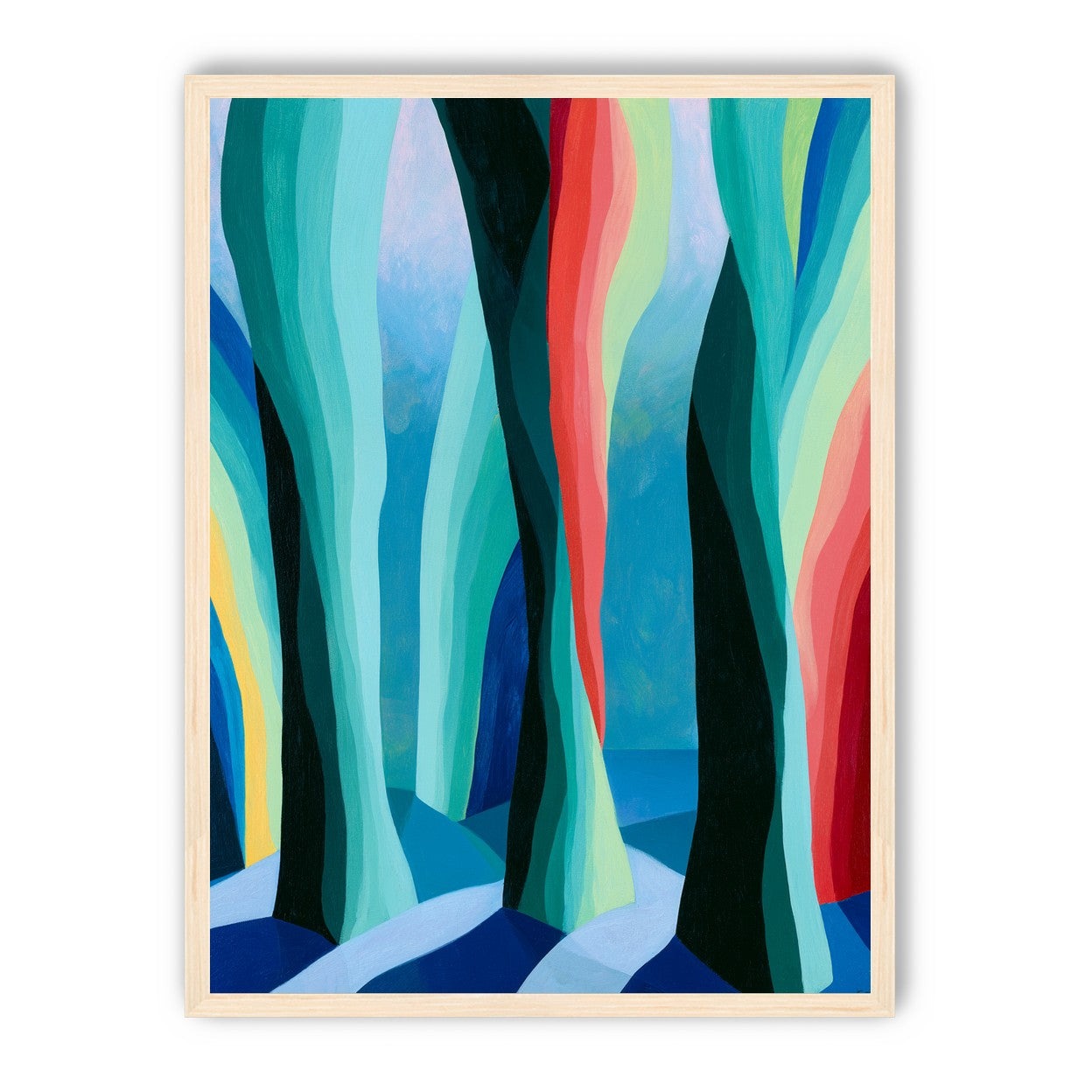 Between red trunks and blue shadows