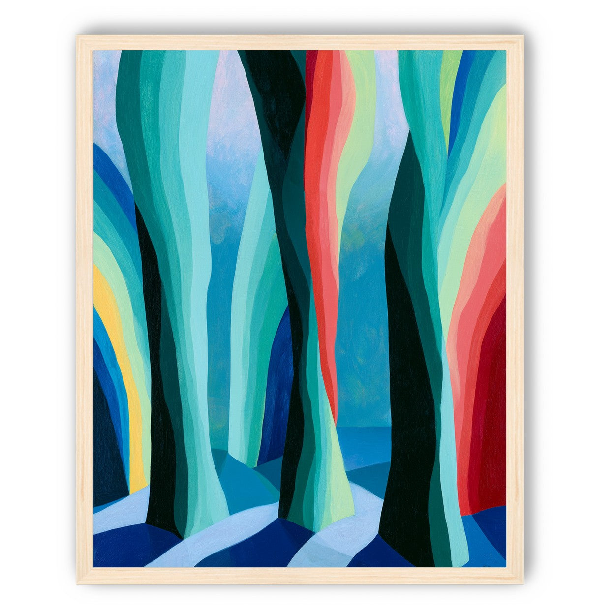 Between red trunks and blue shadows