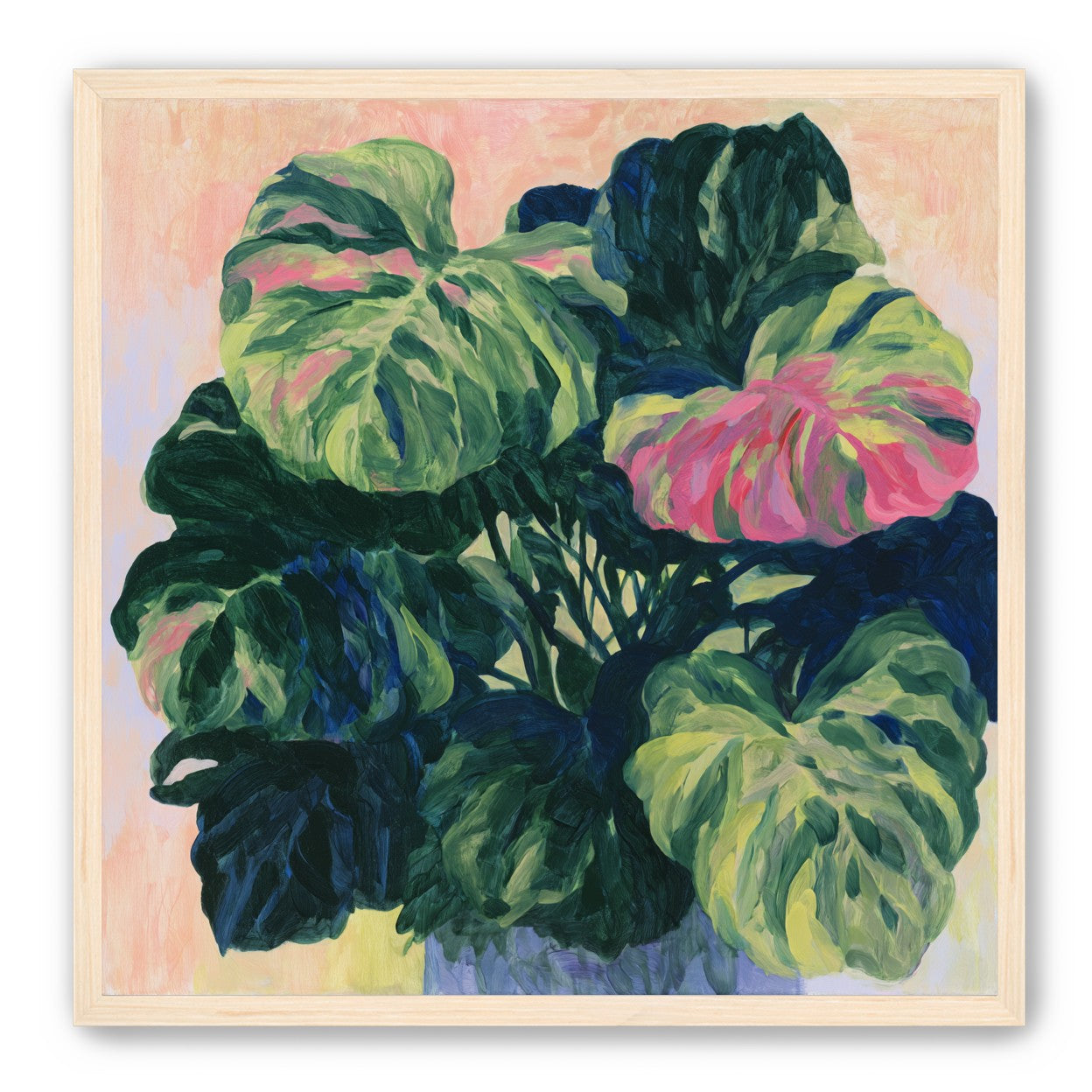 Pink light on green leaves