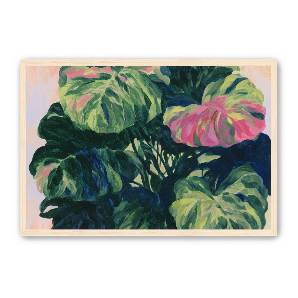Pink light on green leaves
