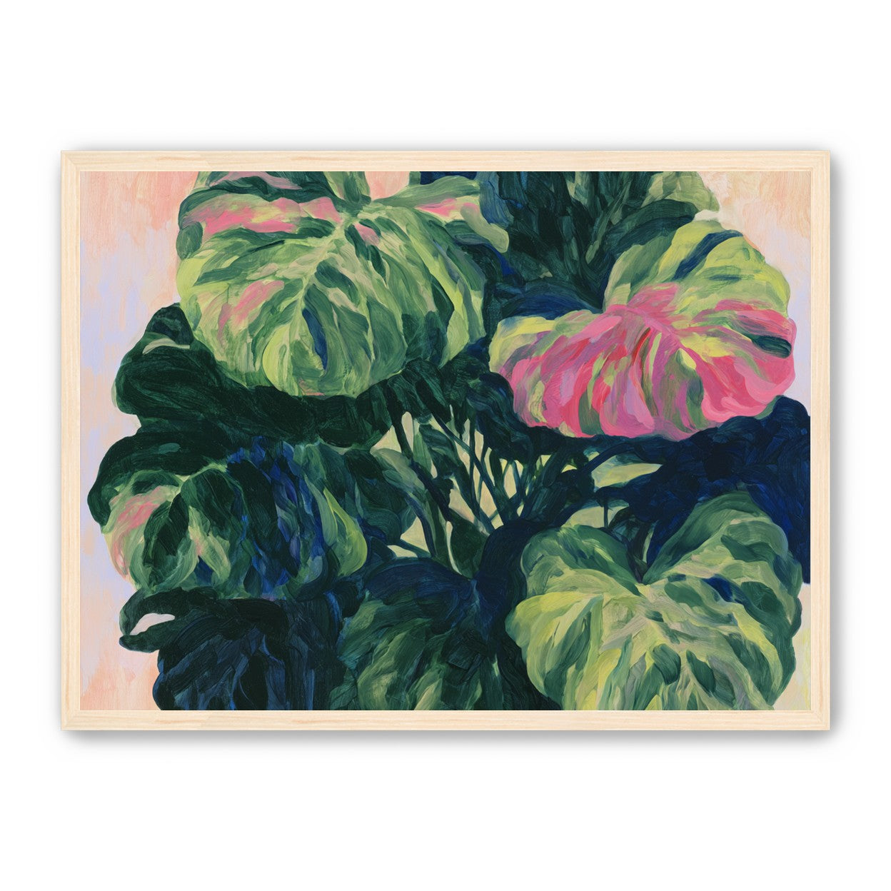 Pink light on green leaves