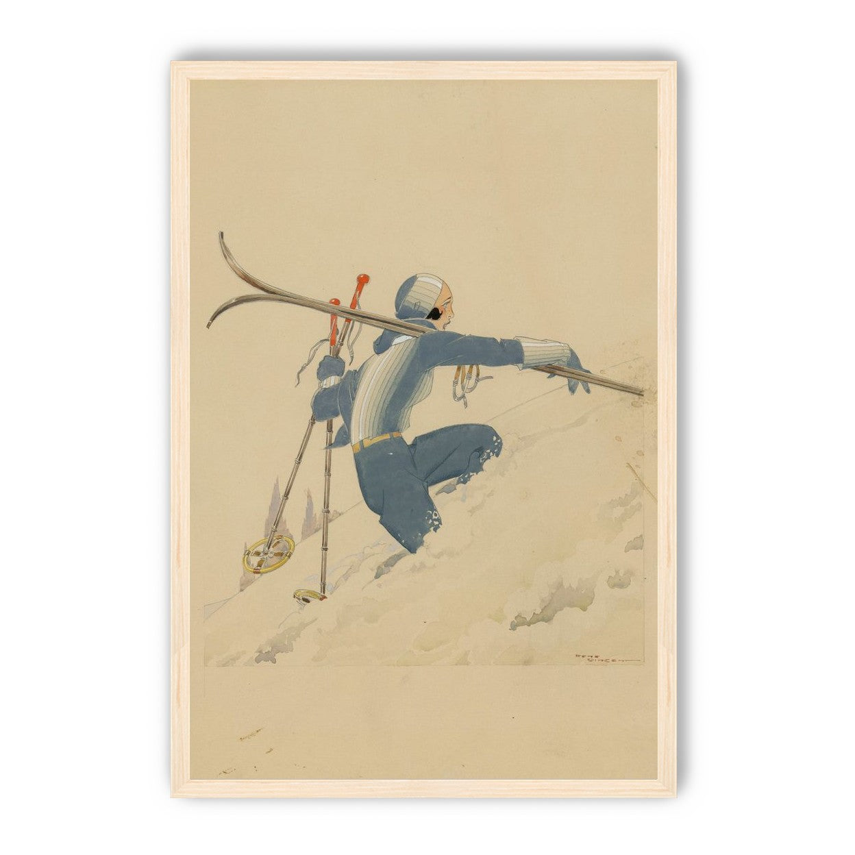 Blue skier in pale snow