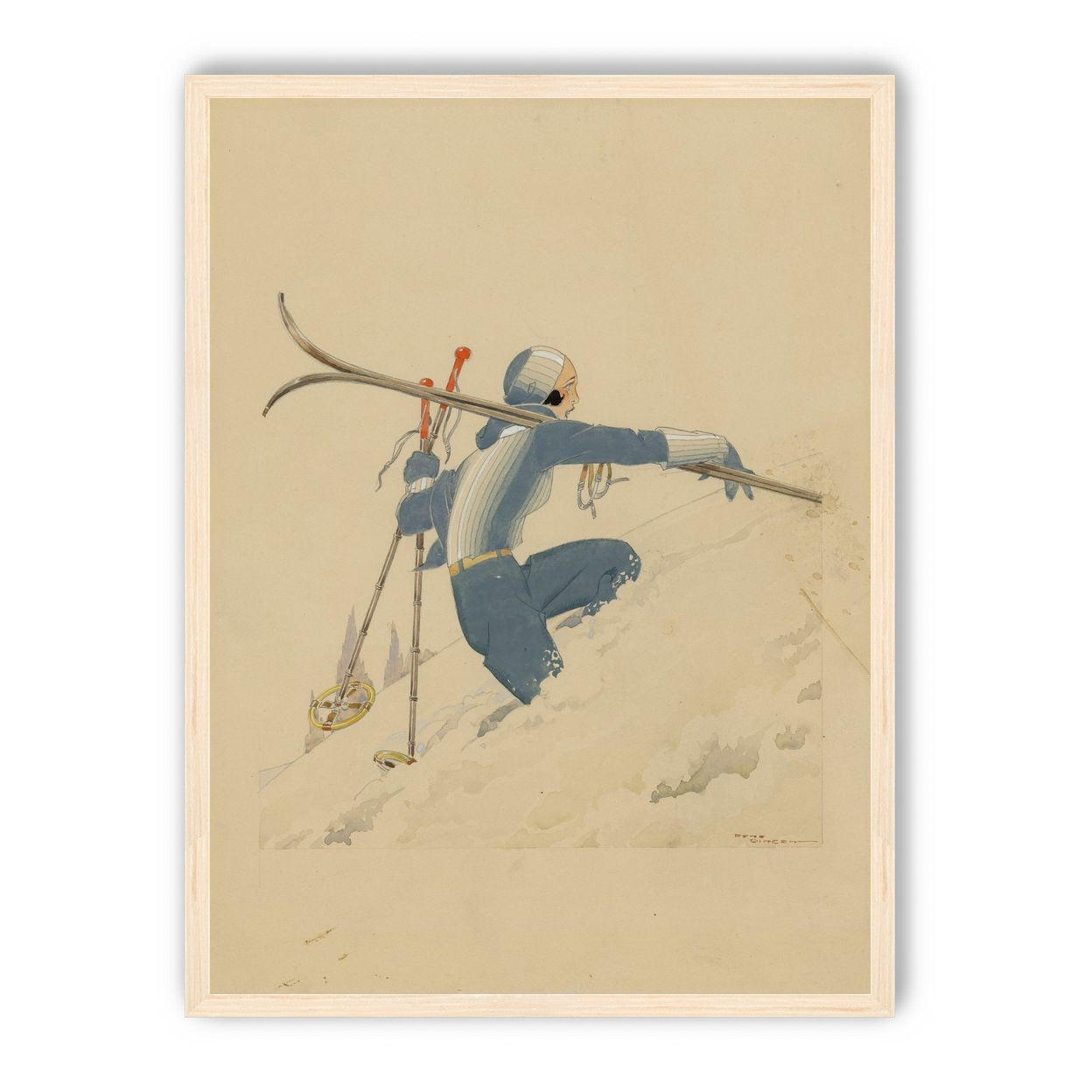 Blue skier in pale snow