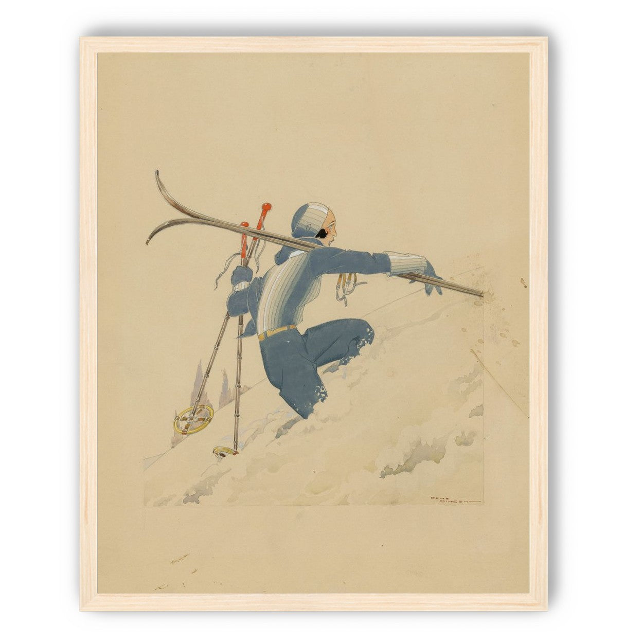 Blue skier in pale snow
