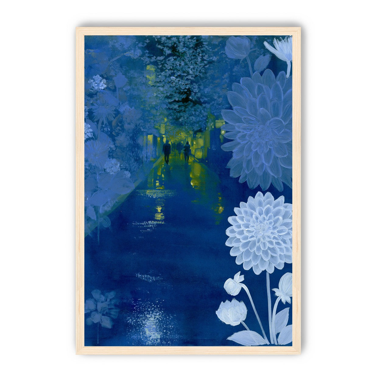 Two walkers under giant flowers