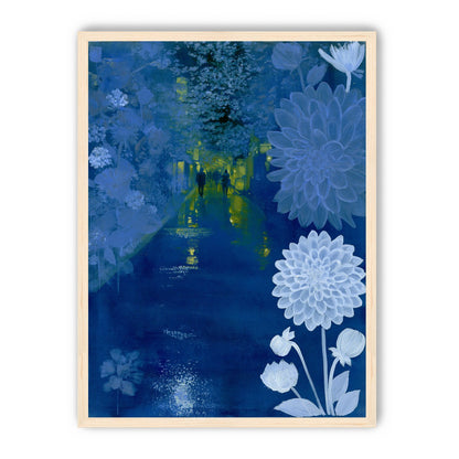 Two walkers under giant flowers