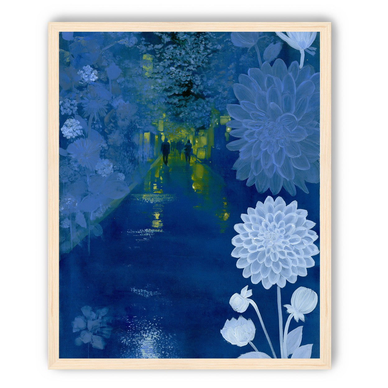 Two walkers under giant flowers
