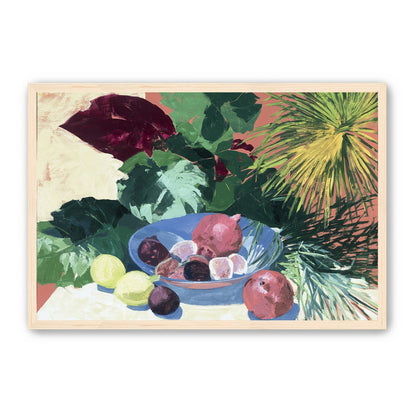 Blue bowl under palm frond