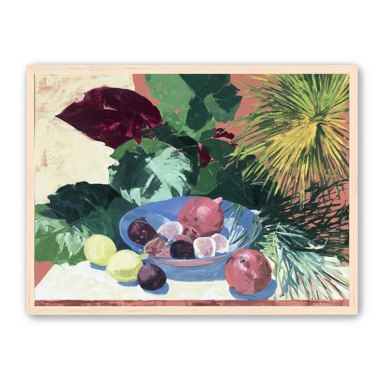 Blue bowl under palm frond