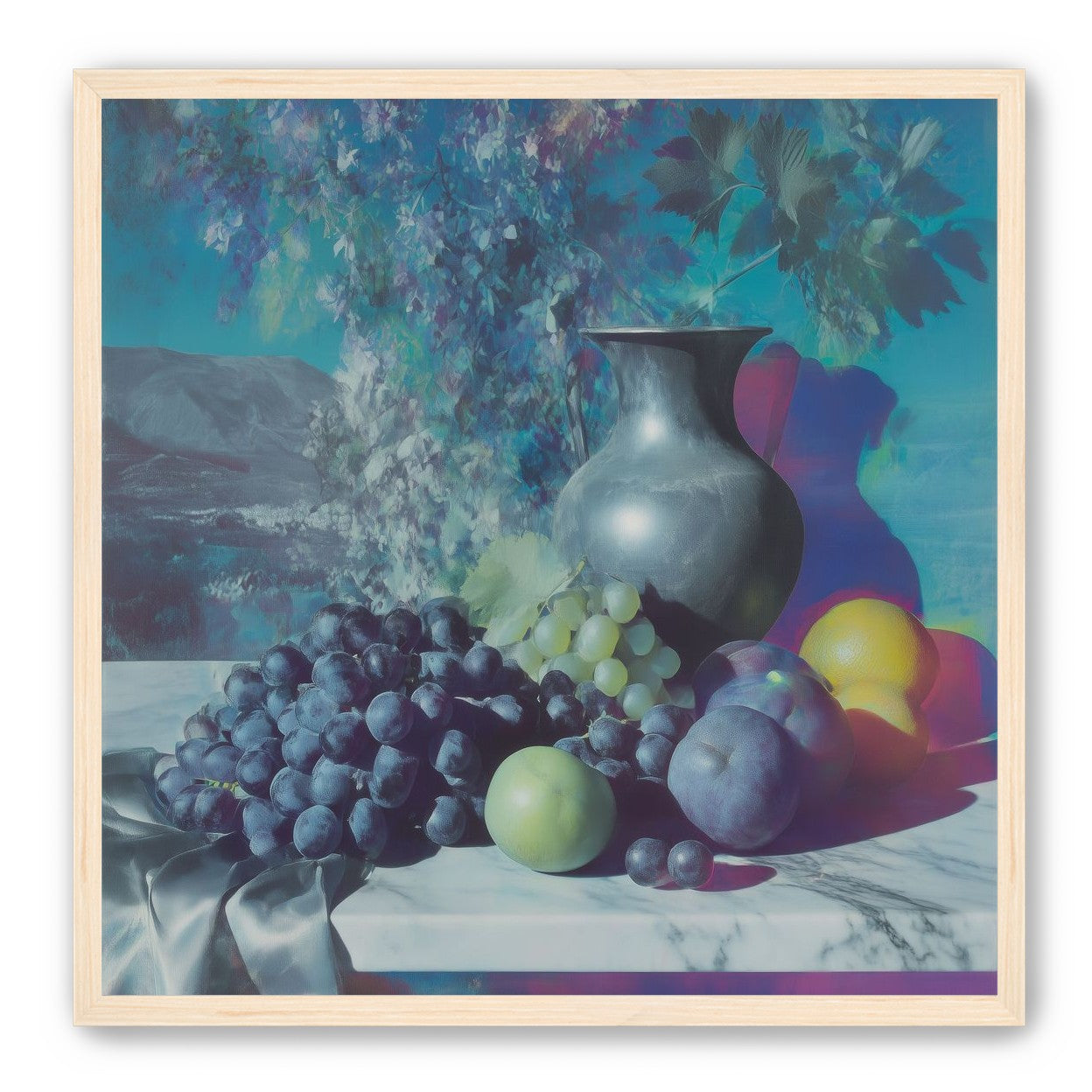 Vase and fruit in blue haze