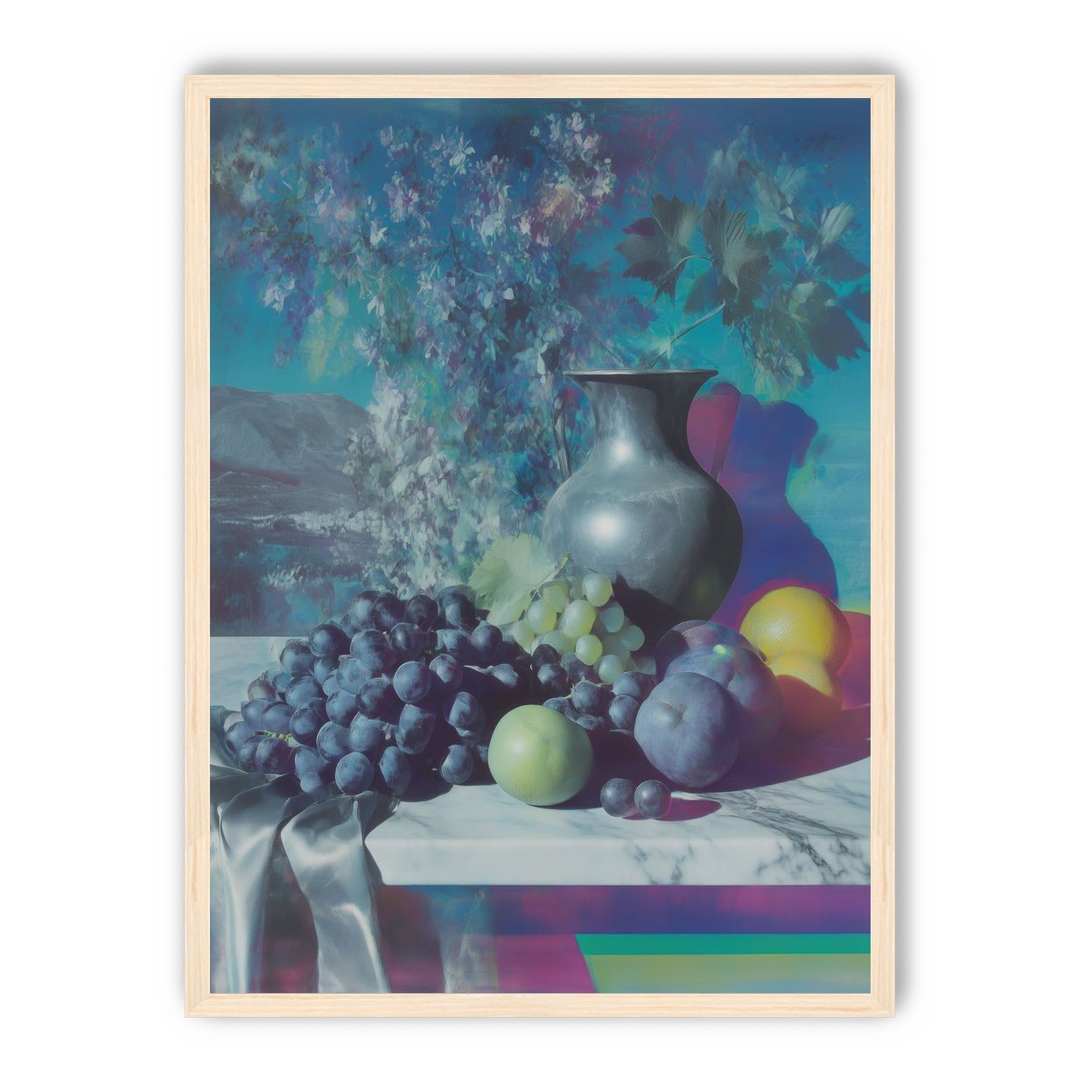 Vase and fruit in blue haze